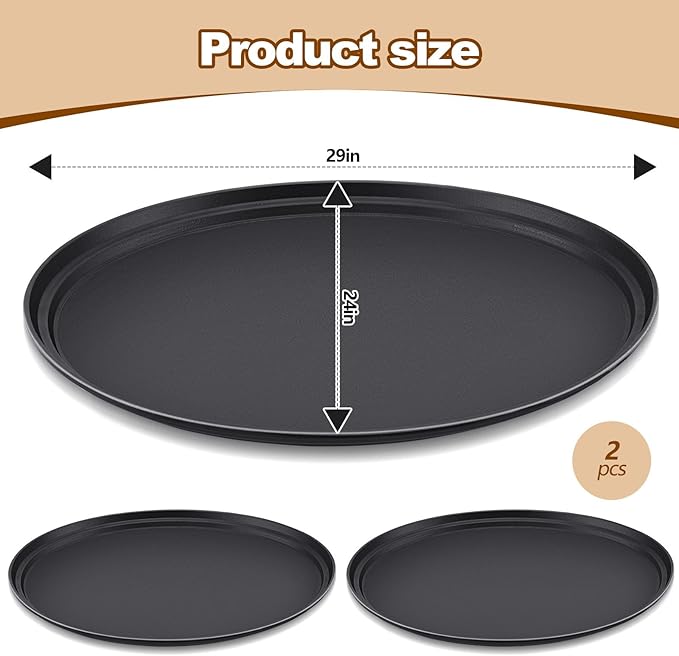 FillTouch 2 Pcs Restaurant Serving Trays PP Plastic Non Slip Rubber Lined Large Oval Tray for Kitchen Dining Room Cafeterias Fast Food Service (24 x 29 Inch,Black)