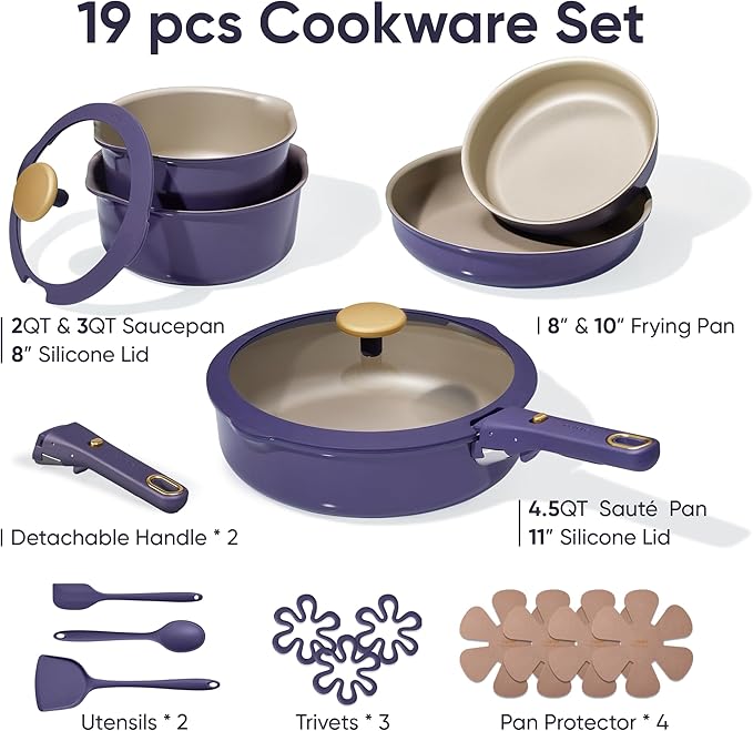 CAROTE 19Pcs Nonstick Pots and Pans Set, Nonstick Cookware Set with Detachable Handle, Induction Kitchen Cookware Sets Removable Handles, Dishwasher Safe, Oven Safe, Purple