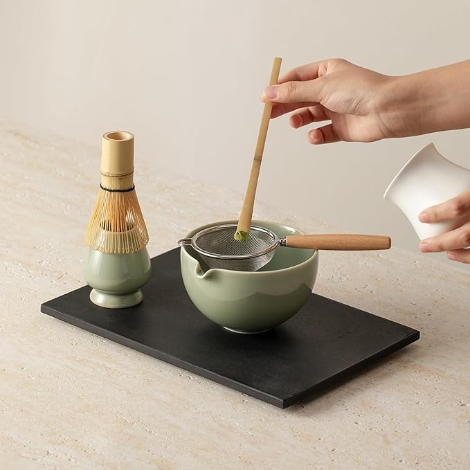 Matcha Whisk Set, Matcha Set with Ceramic Matcha Bowl, Bamboo Whisk & Holder, Sifter, Tea Scoop (Celadon)