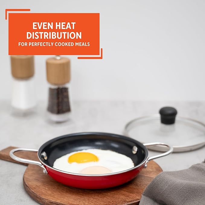IMUSA Mini Fry Pan 5.8” Nonstick Skillet, Caribbean Red Ceramic Egg Pan with Glass Lid, Small Aluminum Cookware for Single Servings, PFAS Free