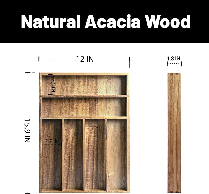 Acacia Wood Silverware Organizer, Kitchen Utensil Drawer Organizer for Forks, Knives & Spoons, 6-Compartment Cutlery Tray, Flatware Holder