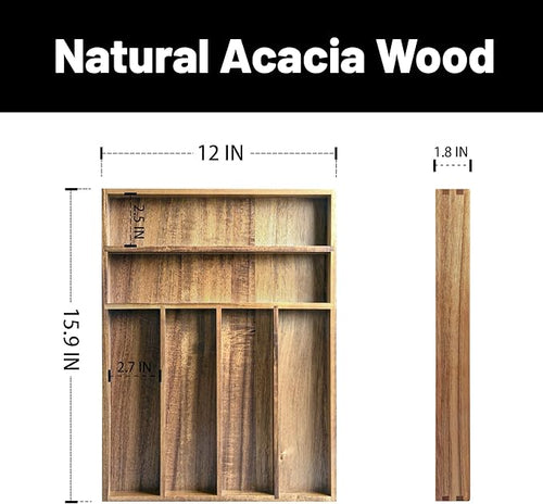 Acacia Wood Silverware Organizer, Kitchen Utensil Drawer Organizer for Forks, Knives & Spoons, 6-Compartment Cutlery Tray, Flatware Holder