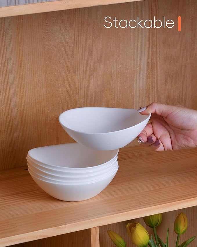 LaGlint 12 OZ Bowl Set of 6, Opal Glass 6 inch Oval Small Ice Cream Bowls for Breakfast Snack Dessert, Side Dishes, Fruit Kitchen, Microwave & Dishwasher Safe, White