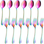 12 Pieces Spoons and Forks Set,Food Grade Stainless Steel Flatware Cutlery Set,6 Forks and 6 Spoons Silverware Set for Home,Kitchen,Restaurant-Mirror Polished & Dishwasher Safe(Rainbow)