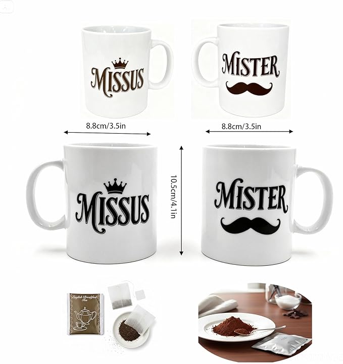 Couples Mug Set“Mister & Missus” Ceramic Coffee Mugs Set of 2, His & Hers Gift Set with Hot Coco Mix & English Breakfast Tea Gift Boxed for Anniversary, Wedding or Valentine’s Day Present