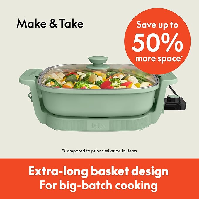 bella Make & Take Electric Skillet, Fits-anywhere™ kitchenware, EverGood™ Ceramic Coating, Adjustable Temperature & Dishwasher-Safe Tempered Glass Lid, Cast Aluminum Base, 1200 Watt, Seaglass