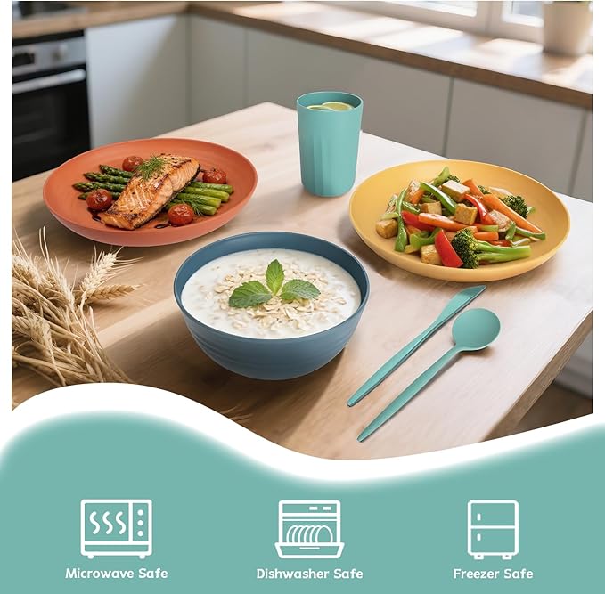 28 Piece Wheat Straw Dinnerware Sets,Plastic Dishes Set Alternative, Dishwasher & Microwave Safe Plates and Bowls Sets, Unbreakable Dinnerware Sets for 4 Dinner Plates, Cups, Cereal Bowls - Colorful