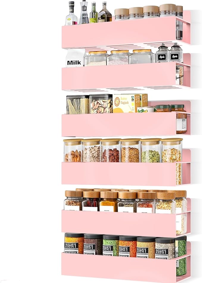 Magnetic Spice Rack Organizer for Fridge Seasoning Organizer for Kitchen storage with Screw Magnetic Shelf with Hook for Refrigerator and Oven(6pack-Pink)