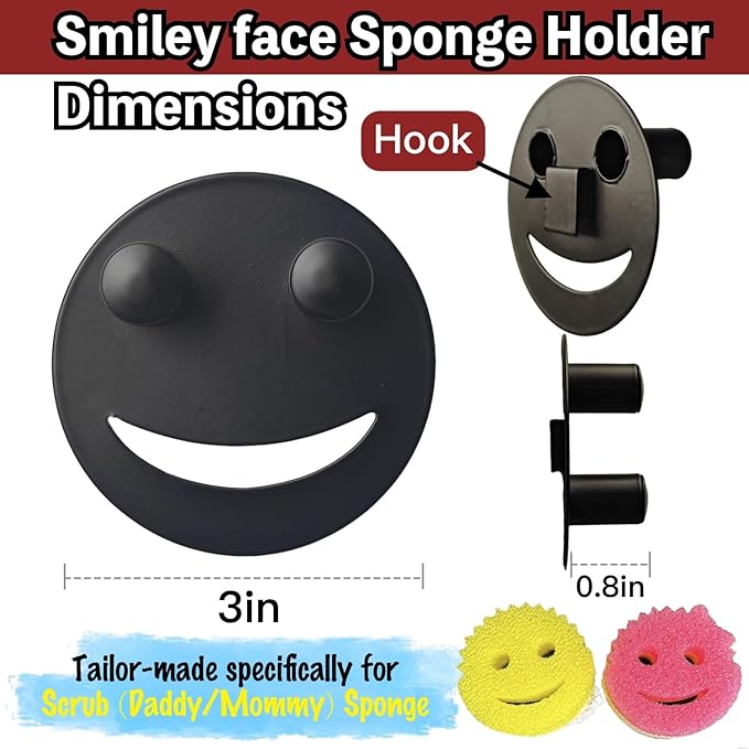 Stainless Steel Smiley Face Sponge Holder with Adhesive Hook - No Falling Risk, Rustproof Sink Sponge Holder for Kitchen, Bathroom&RV Apartment, Keep Happy Face Sponges Dry and Odor Free, Black