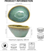 Henten Home Ceramic 20 oz Salad Bowls Set, Slanted Snack Bowl Set of 4, Porcelain Serving Bowls for Soup, Dessert, Microwave & Dishwasher Safe, Reactive Glaze (Green)