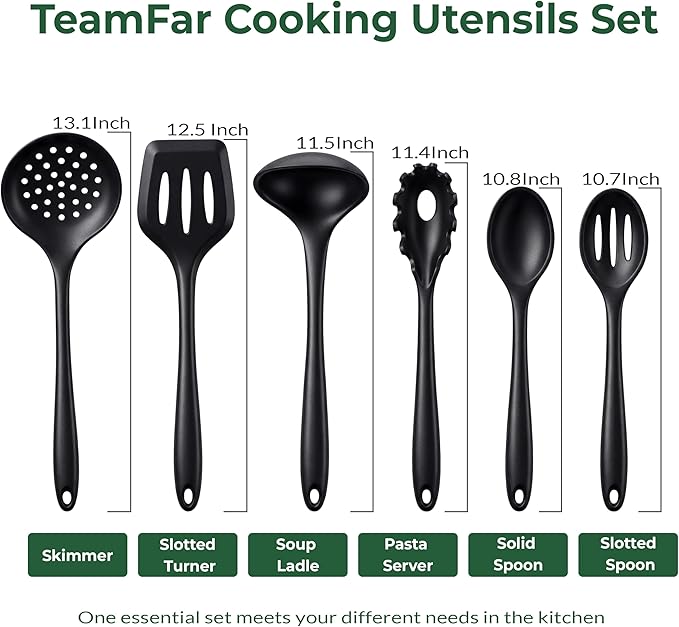 TeamFar Silicone Cooking Utensils Set of 6, Heat Resistant Kitchen Utensils, Spatula Ladle Spoon Pasta Server for Non-stick Cookware, Non-Toxic & One-Piece, Non-Scratch & Dishwasher Safe, Black