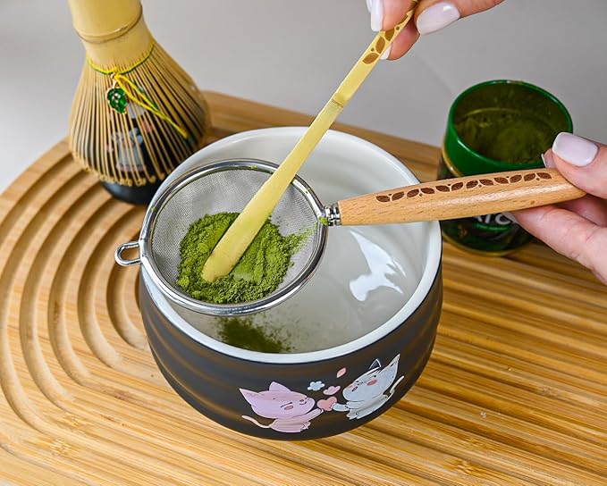 Matcha Gift Set 6 Pcs – Ceramic Bowl, Bamboo Whisk, Whisk Holder, Scoop, Sifter & Cloth – Traditional Japanese Set for Green Tea by Aprika Matcha (Black with Cats)