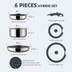 6-Piece Hybrid Stainless Steel Pots and Pans Set Non Stick, Tri-Ply Stainless Steel Cookware Set with Lids and Detachable Handle, PFOA Free Kitchen Skillet for All Cooktops, Dishwasher Safe