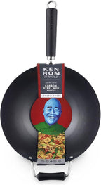 Ken Hom 12" Carbon Steel Nonstick Stir Fry Wok - Soft Touch Helper Handle and Lightweight Flat Bottom Design