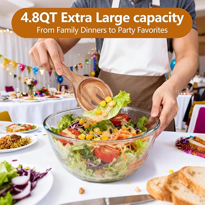 Anyvape Glass Salad Bowl Set, Extra Large 4.8QT Serving Bowl with Acacia Wood Lid & Utensils – Heavy-Duty Glass Bowl for Salad, Mixing, Parties & Charcuterie