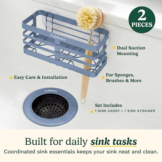 Cuisinart 2 Piece Sink Set – Sink Drain Strainer with Stainless Steel Rim & Silicone Mesh Base & Sponge Holder for Kitchen Sink, Metal Caddy with Triple Suction Cups, Daily Kitchen Essentials