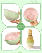 Matcha Whisk Set, 6pcs Matcha Set Includes Matcha Bowl, Bamboo Whisk & Scoop with Cute Charm, Chasen Holder, Innovative Sifter, Tea Mat for Japanese Tea Ceremony, Pale Green