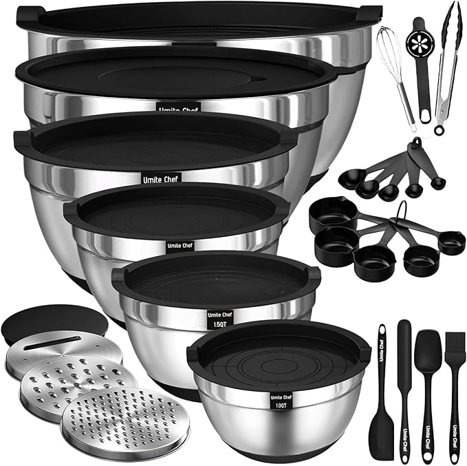 Thickened Stainless Steel Mixing Bowls with Airtight Lids, Umite Chef 26Pcs Stainless Steel Bowls Set, 3 Grater Attachments & Black Non-Slip Bottoms Size 7, 4, 2.5, 2.0,1.5, 1QT for Mixing & Serving