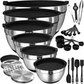 Thickened Stainless Steel Mixing Bowls with Airtight Lids, Umite Chef 26Pcs Stainless Steel Bowls Set, 3 Grater Attachments & Black Non-Slip Bottoms Size 7, 4, 2.5, 2.0,1.5, 1QT for Mixing & Serving