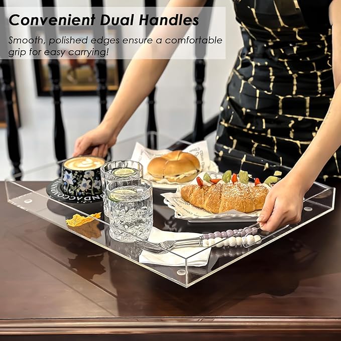 Extra Large Serving Tray with Handles, Acrylic Tray for Food, Drinks, Snacks and Appetizer, Rectangular Trays for Eating, Lucite & Coffee Table Trays, Acrylic Makeup Organizer 16" × 20"
