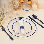 BESTSTAR 350PCS Clear and Blue Disposable Plates Set for 50 Guests, 100 Plastic Plates, 50 Cups, 50 Pre-Rolled Napkins with Plastic Cutlery for Graduation Party, Birthday, Thanksgiving, Christmas