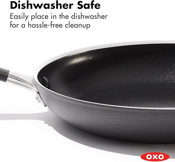 OXO Non-Stick Every Day Frying Pan Set, BPA-Free Comfort Grip Silicone Handles, Dishwasher & Oven Safe, PFAS-Free Ceramic Skillets, Black, 8”, 10” & 12”