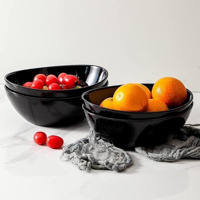 HASENSE 40oz Serving Bowls & Salad Bowls Set of 4– Large Ceramic Mixing Bowls for Kitchen, Stackable Design for Pasta, Fruit, Popcorn, Side Dishes, Soup, Microwave & Dishwasher Safe, Black