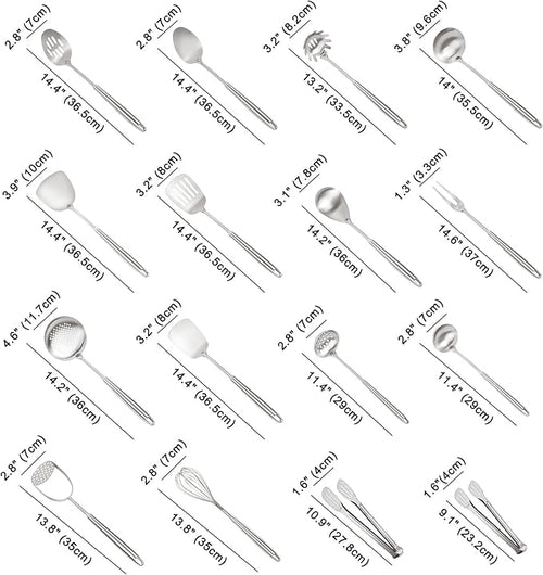 304 Stainless Steel Cooking Utensils Set, 16PCS Stainless Steel Kitchen Utensils Set, Metal Kitchen Utensils Set Include Meat Fork, Tongs, Turner, Soup Ladle, Dishwasher Safe