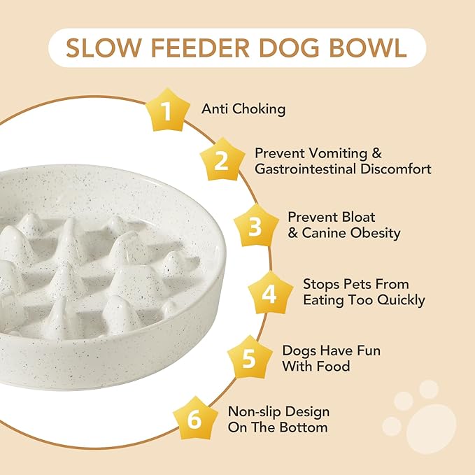 Havniva Ceramic 1.6 Cup Dog Bowl Slow Feeder for Fast Eaters, 8.2inch Slow Pet Food Dish for Medium and Large Dog, Stop Bloat, Preventing Choking(Single Bowl, Vanilla White)