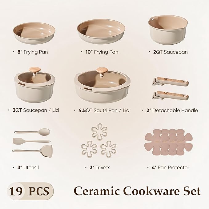CAROTE 19PCS Ceramic Nonstick Cookware Set, Pots and Pans Set with Detachable Handle, PFAS-Free Non-Toxic, Induction & Oven Safe, Stackable Space-Saving, Taupe