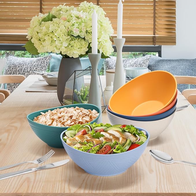 WRINGKIT Set of 6 Wheat Straw Salad Bowls Large, 65 Oz Unbreakable Serving Bowls, Microwave & Dishwasher Safe Soup Bowls, Kitchen Bowls Set for Serving Salad, Cereal, Fruit, Chip