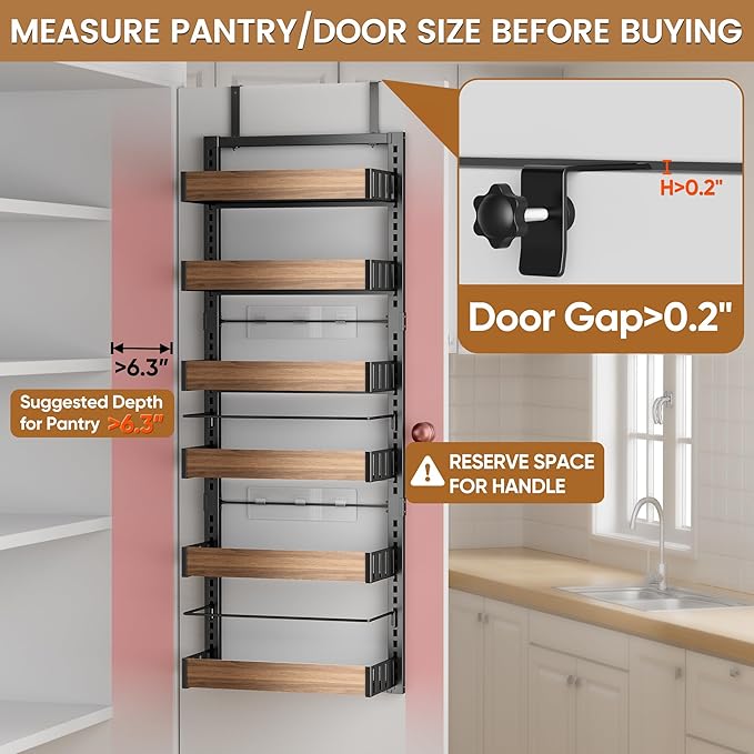 6 Tier Over The Door Pantry Organizer, 2-in-1 Door Hanging or Wall Mounted Spice Rack, Large Heavy Duty Pantry Door Storage Seasoning Shelves with Adjustable Basket for Kitchen Bathroom Closet