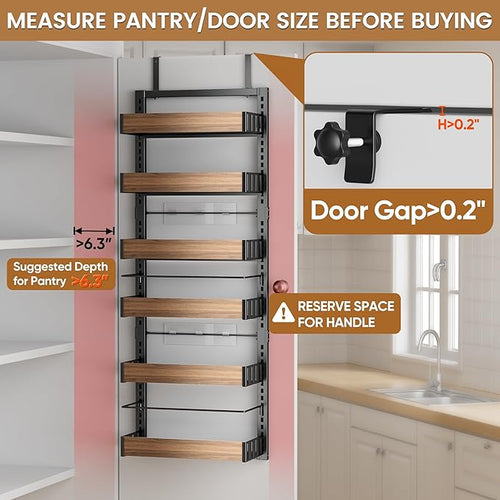 6 Tier Over The Door Pantry Organizer, 2-in-1 Door Hanging or Wall Mounted Spice Rack, Large Heavy Duty Pantry Door Storage Seasoning Shelves with Adjustable Basket for Kitchen Bathroom Closet