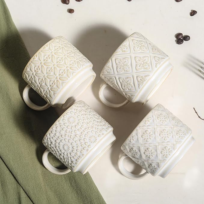 6 Oz Coffee Mugs with Stand - Stackable Ceramic Espresso Cups Set of 4, Embossed Coffee Cups, Porcelain Cappuccino for Latte, Cocoa, Mocha, Tea, Dishwasher Safe, 3 inch