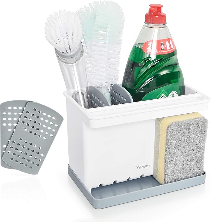 YOHOM 2-in-1 Sink Caddy with Sink Drain Tray & 4 Adjustable Dividers for Kitchen Sponge & Brush Holder