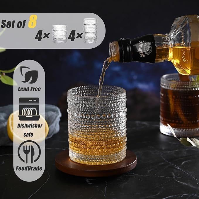 Hobnail Drinking Glasses Set of 8, 12 oz Highball Glasses & 10 oz Cocktail Glasses, Embossed Vintage Kitchen Glassware, Dishwasher Safe Glasses Drinking Set for Whiskey, Juice, Cocktails, Beer