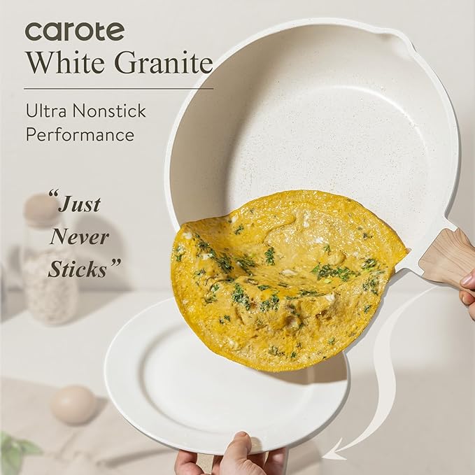 CAROTE Non Stick Frying Pan Skillet,10" Nonstick Fry Pan with Glass Lid, Egg Pan Omelet Pans, Granite Cookware PFOA Free White Granite, 10-Inch