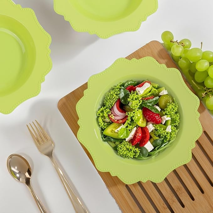 COLOSUS 60 Pack Lime Green White Plastic Bowls, 12 oz Disposable Soup Bowls, Premium Plastic Dinner Bowls,Heavy-duty Dessert Salad Bowl for Party, Wedding, Dinner