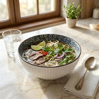 QINLANG Large Soup Bowls, Pho & Ramen Set of 3, 60 oz Blue & White Porcelain - Floral Pattern