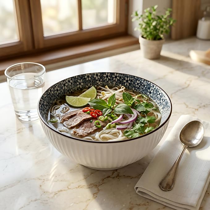 QINLANG Large Soup Bowls, Pho & Ramen Set of 3, 60 oz Blue & White Porcelain - Floral Pattern
