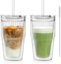 KEMORELA 16oz Ribbed Glass tumbler with Lids and Straws 2pcs,Double Wall Iced Coffee Cups with Lids,Coffee Bar Accessories, Insulated Borosilicate Glass Tumblers, To Go Coffee Cups, Spill proof
