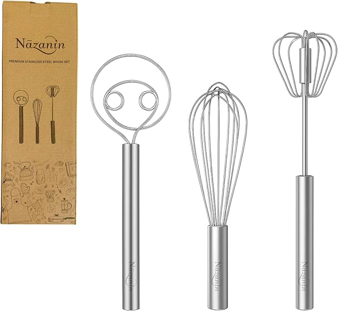 NAZANIN 3-Piece Whisk Set – 304 Stainless Steel Mixing Whisk, Danish Dough Whisk, Semi-Automatic Egg Whisk – Heavy Duty Hand Whisks for Baking, Dough, Eggs, Coffee, Kitchen Tools