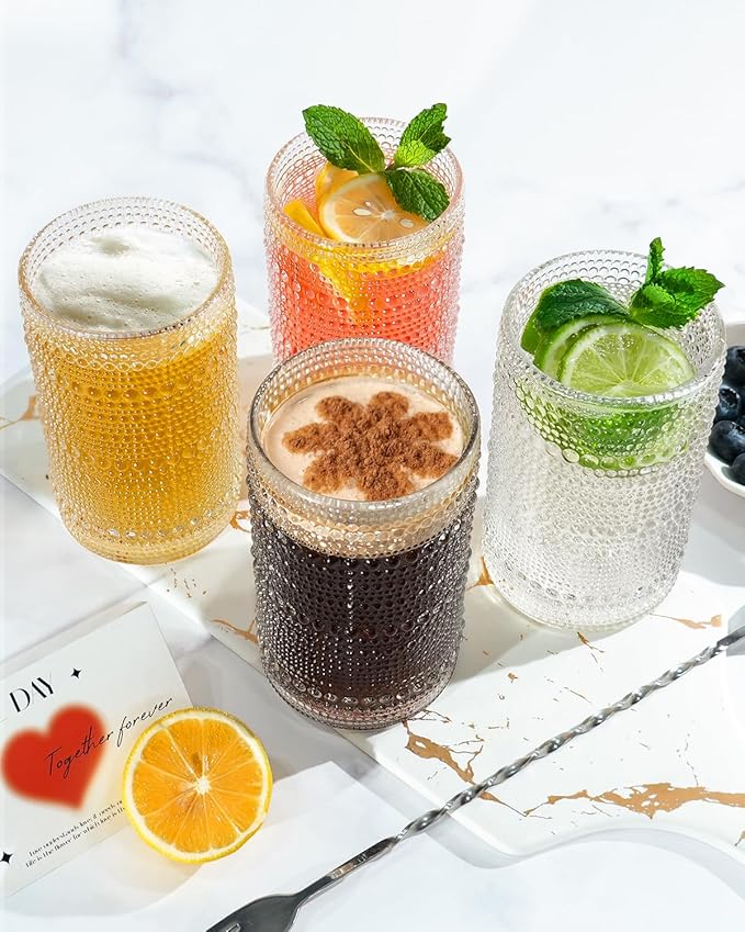 Large Capacity Glasses Drinking Set of 12, 15 oz Vintage Glassware Hobnail Glass Cups sets for Kitchen, Embossed Cocktail Glasses Set with Straws, for Beer, Juice, Cocktail, Whiskey, Milk