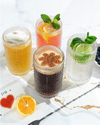 Large Capacity Glasses Drinking Set of 12, 15 oz Vintage Glassware Hobnail Glass Cups sets for Kitchen, Embossed Cocktail Glasses Set with Straws, for Beer, Juice, Cocktail, Whiskey, Milk