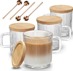 Mfacoy 4 PACK Glass Coffee Mugs with Handle & Spoon, 12 OZ Glass Coffee Cups with Bamboo Lid, Ribbed Glass Cups, Clear Tea Cup for Hot/Cold Beverages, Glassware Set for Americano, Latte, Cappuccino