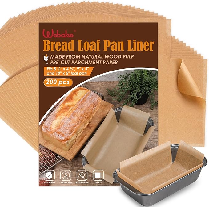 Webake 200Pcs Unbleached Parchment Paper Loaf Pan Liners for Baking Bread 9x5, 1lb 1.5lb 2lb, Original Precut, Non Toxic Baking Paper