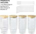 16oz Glasses Cups with Bamboo Lids Straws Brush Vintage Glass Tumbler Set for Mojito Iced Coffee Beer Cocktail Whiskey(Mixed)