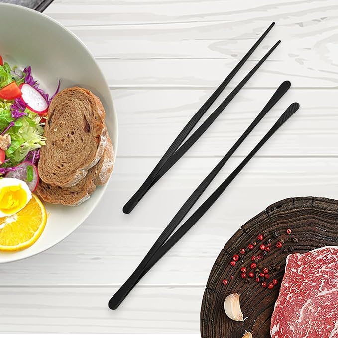 12 Inch & 10 Inch Fine Long Tweezers Tongs Stainless Steel, Black Professional Kitchen Tweezers Tongs for Cooking, BBQ, Plating, Repairing (Pack of 4)