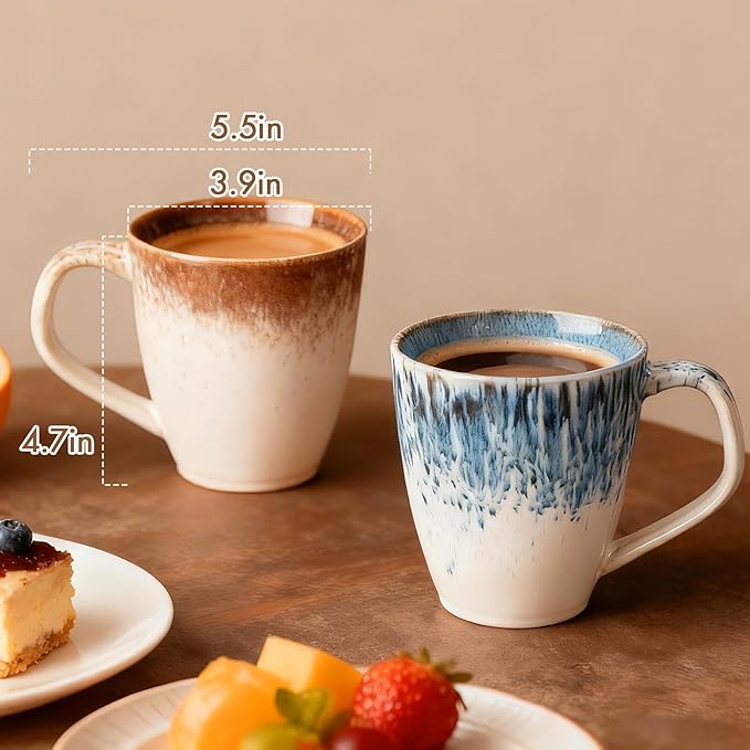 Coffee Mug Set of 2, Hand-Painted Stoneware Coffee Mugs with Modern Design, 17oz Ceramic Cups with Comfort Grip, Ombre and Speckled Glaze, Dishwasher Safe
