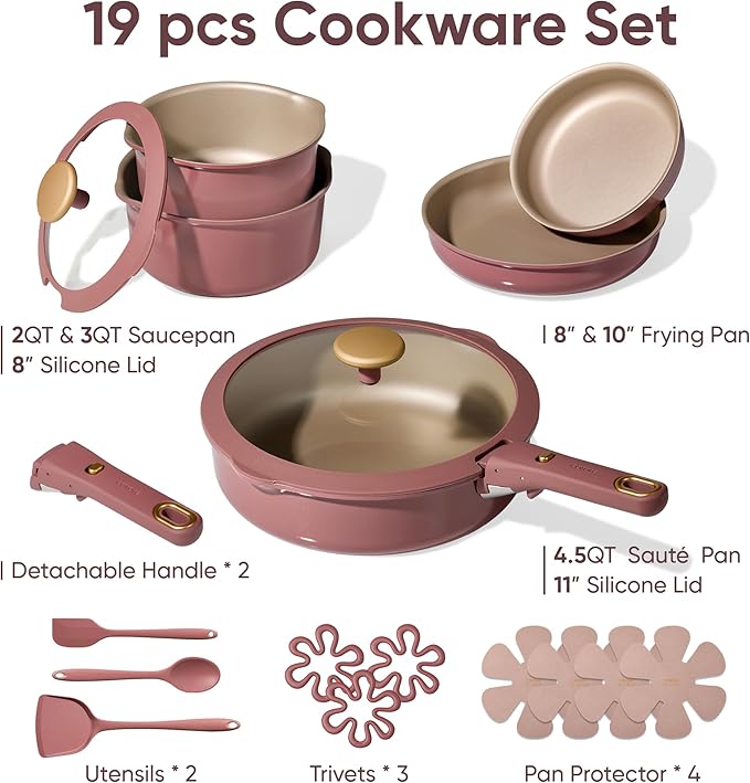CAROTE 19 PCS Titanium Reinforced Nonstick Cookware Set with Detachable Handle, Pots and Pans Set Induction Compatible, Dishwasher & Oven Safe, Removable Handle, Red